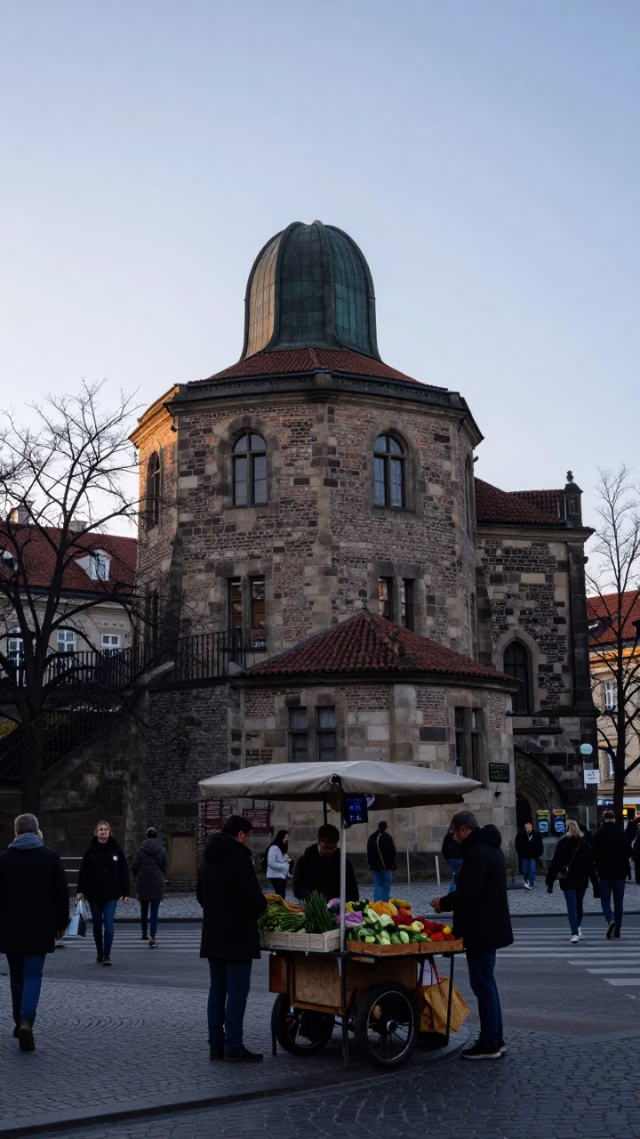 Early Morning Prague Street Scene with Stone Observatory Hilltop and Local Market Activity in in Prague, Czech Republic