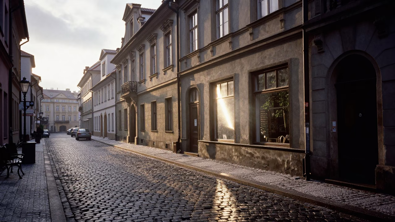 Early Morning Prague Street Scene with Sunlight and Local Bakery Display in in Prague, Czech Republic