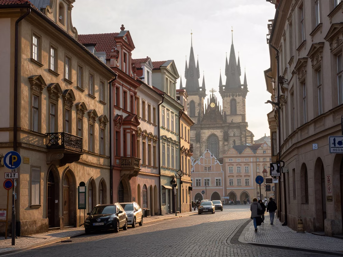 Early Morning Prague Street Scene with Sunlight and Local Details in in Prague, Czech Republic