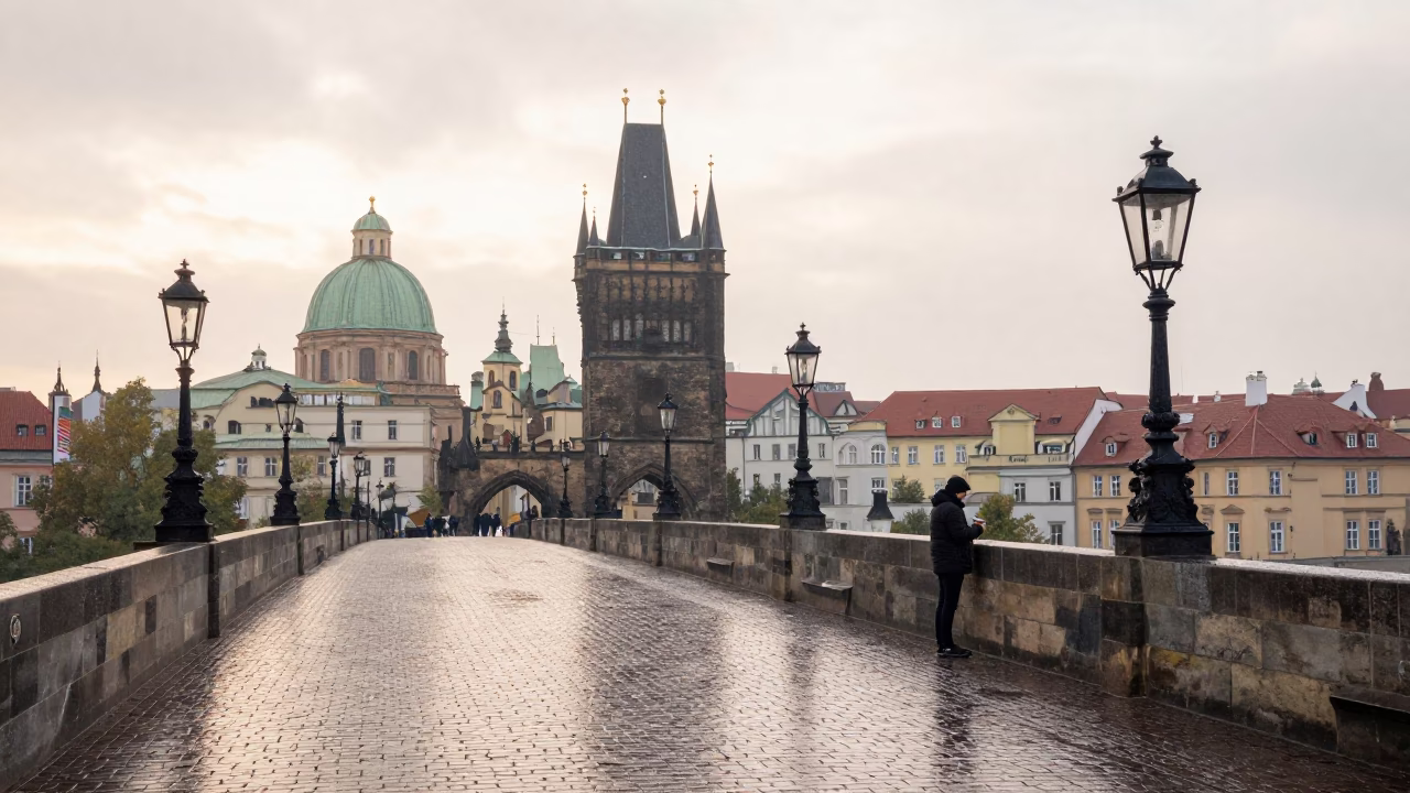 Early Morning Prague Street Scene with Suspension Bridge and Coffee Cupper in in Prague, Czech Republic