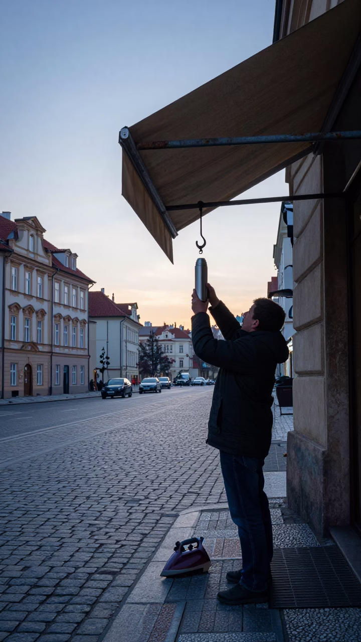 Early Morning Prague Street Scene with Thermos and Iron Hook Details in in Prague, Czech Republic