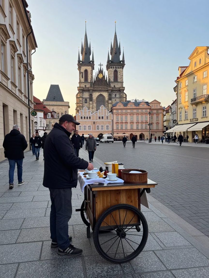 Early Morning Prague Street Scene with Traditional Breakfast and Steaming Clay Cup in in Prague, Czech Republic