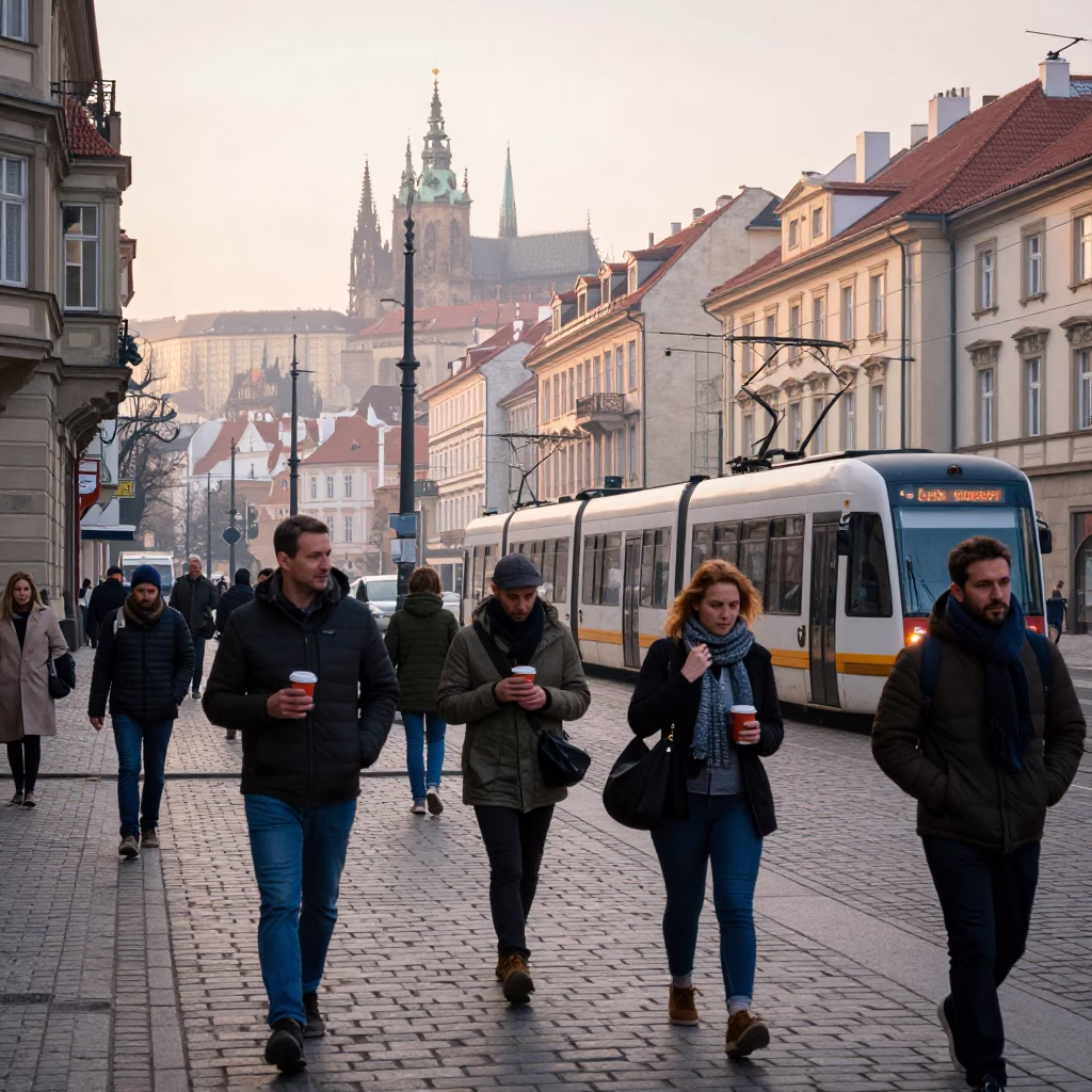 Early Morning Prague Street Scene with Tram and Art Nouveau Architecture in in Prague, Czech Republic
