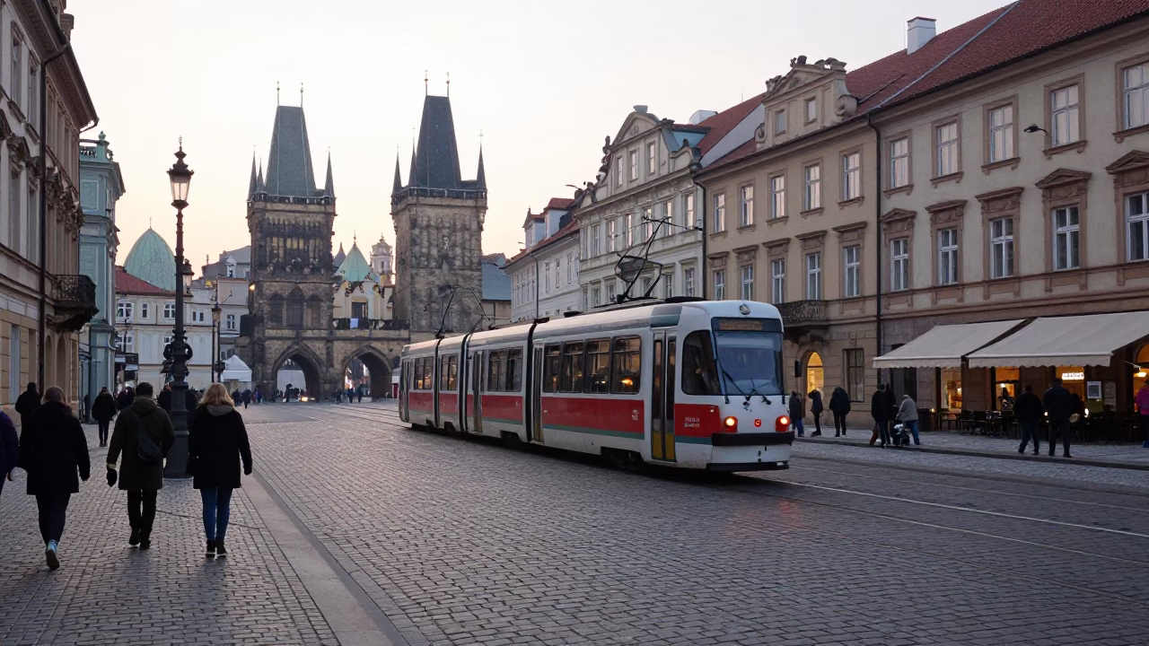 Early Morning Prague Street Scene with Tram and Historic Architecture in in Prague, Czech Republic