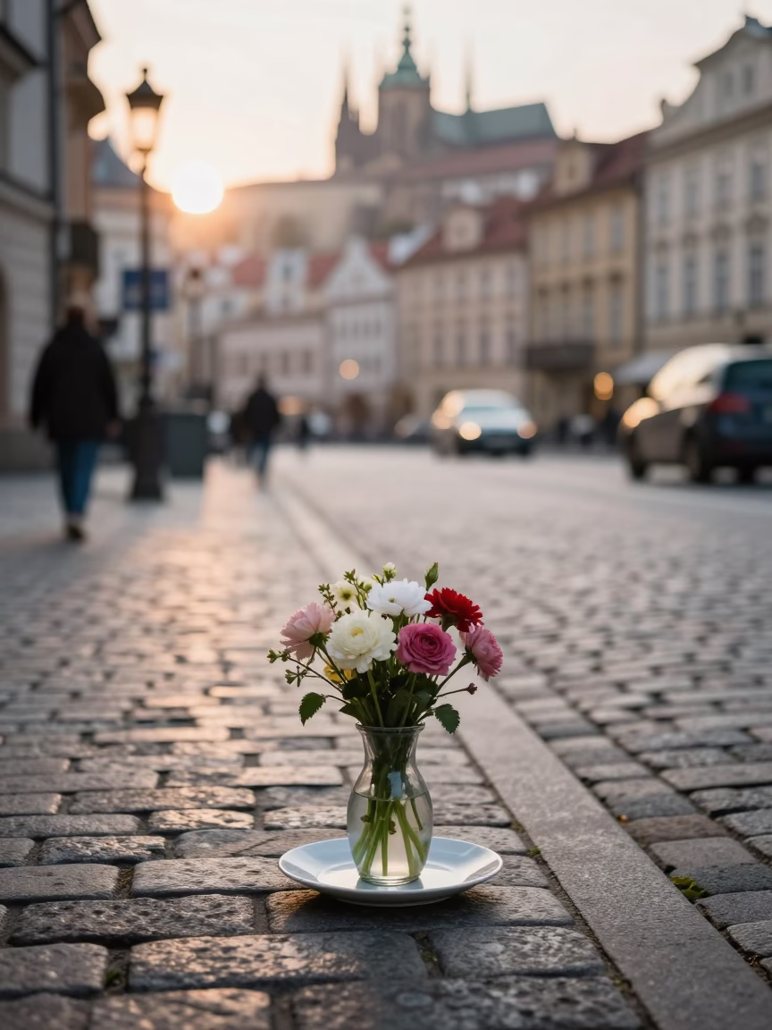 Early Morning Prague Street Scene with Vase of Flowers and Blue Porcelain Plate in in Prague, Czech Republic