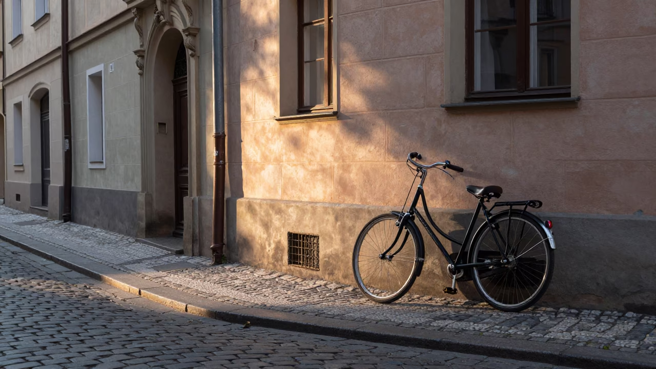 Early Morning Prague Street Scene with Vintage Bicycle and Rake in in Prague, Czech Republic