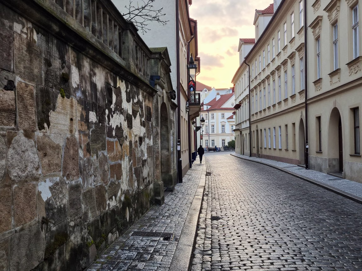 Early Morning Prague Street Scene with Vintage Details and Urban Texture in in Prague, Czech Republic
