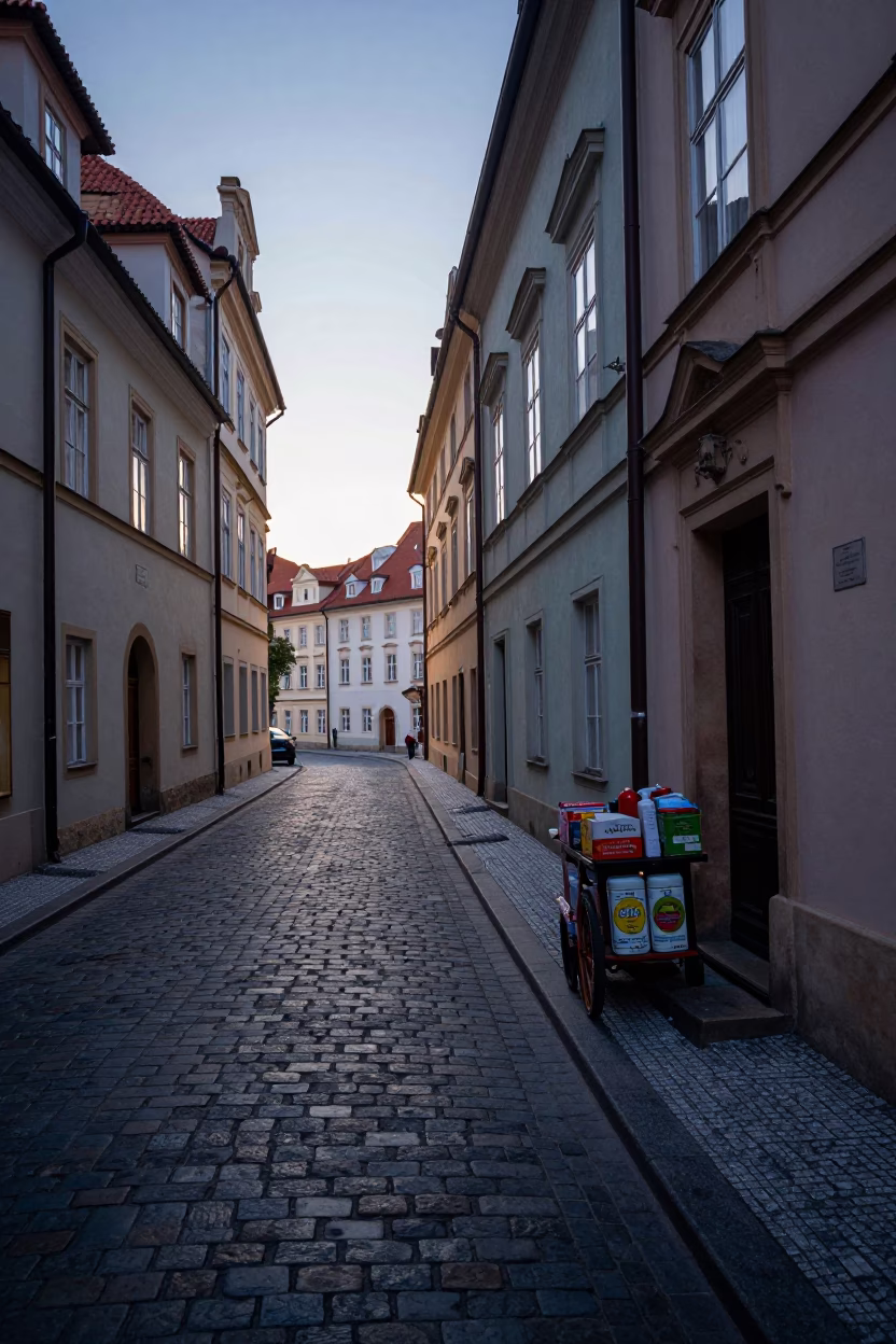 Early Morning Prague Street Scene with Vintage Tiffin Tin and Wall Hooks in in Prague, Czech Republic