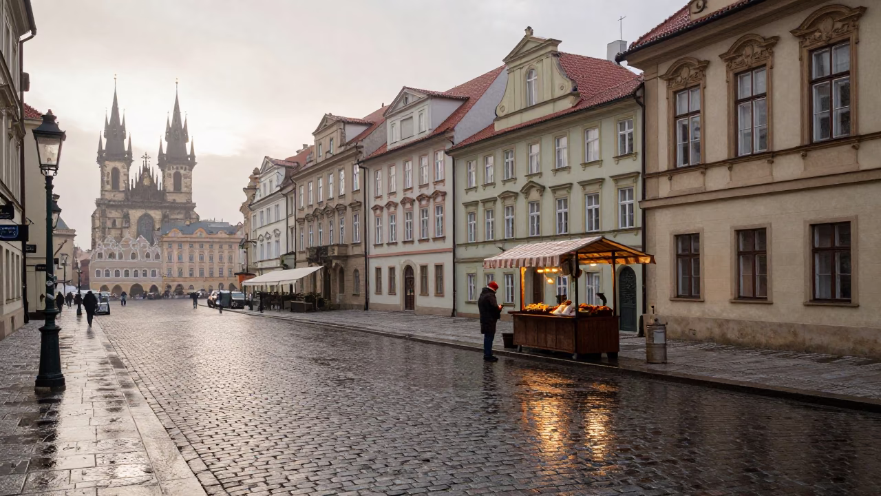 Early Morning Prague Street Scene with Wet Cobblestones and Local Breakfast Culture in in Prague, Czech Republic