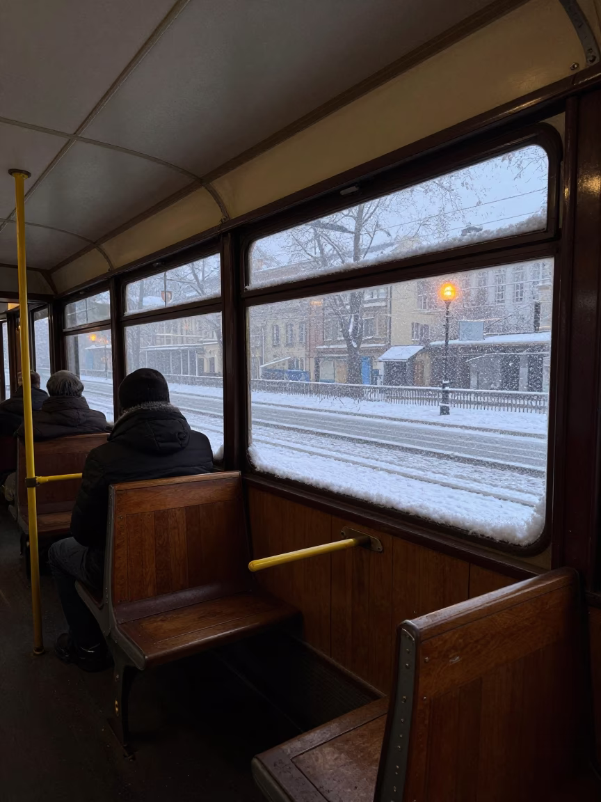 Early Morning Prague Tram Carriage Interior with Snowy Window View in in Prague, Czech Republic