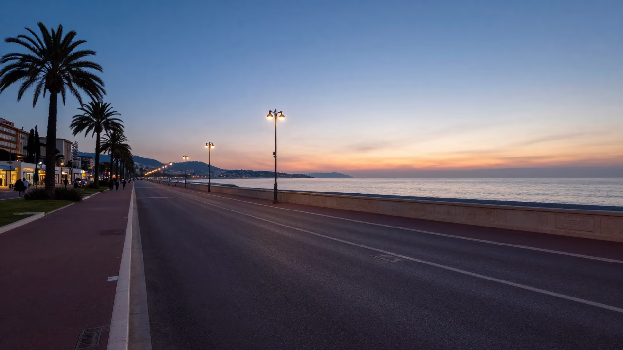 Early Morning Promenade Des Anglais Street Scene in Nice France Before Sunrise in in Nice, France