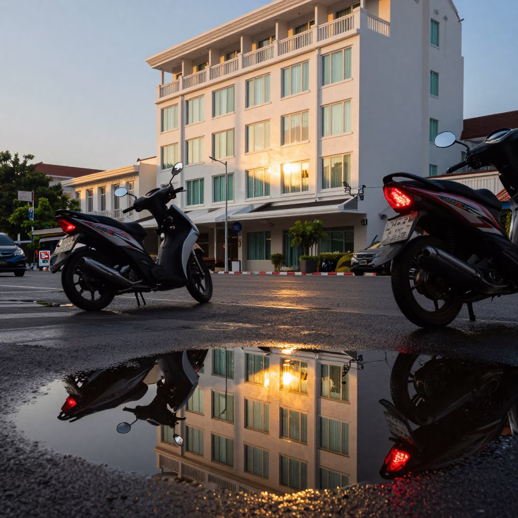 Early Morning Puddle Reflection of Hotel Windows and Tail Lights in Phuket Thailand in in Phuket, Thailand