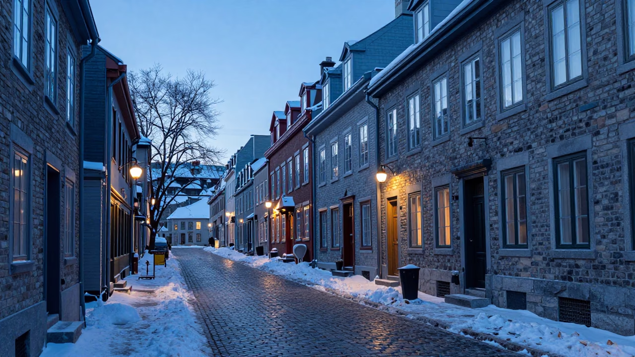 Early Morning Quebec City Street Scene Before Dawn with Snow and Streetlights in in Quebec City, Quebec, Canada