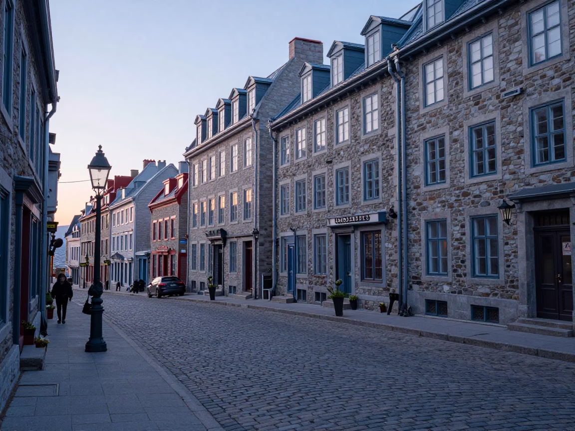 Early Morning Quebec City Street Scene with Artichokes and Tea Stains in in Quebec City, Quebec, Canada