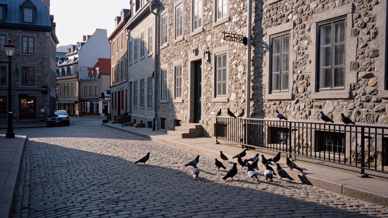 Early Morning Quebec City Street Scene with Pigeons on Cobblestones in in Quebec City, Quebec, Canada