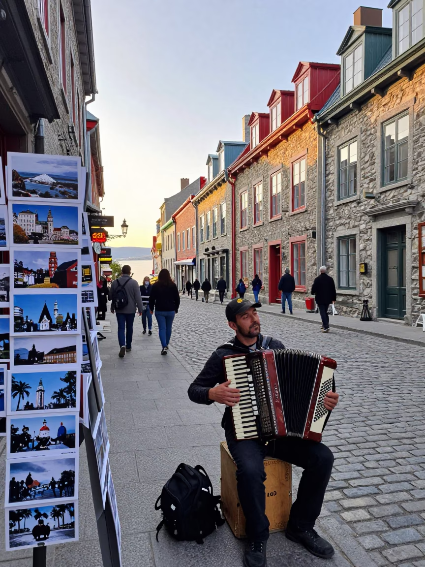 Early Morning Quebec City Street Scene with Postcards and Accordion Player in in Quebec City, Quebec, Canada