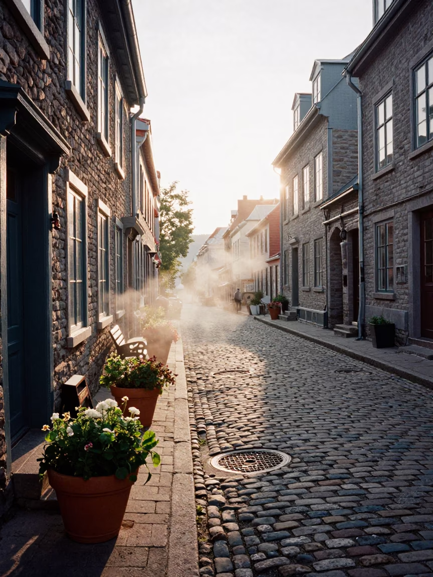 Early Morning Quebec City Street Scene with Potted Herbs and Leaf Shadows on Cobblestones in in Quebec City, Quebec, Canada