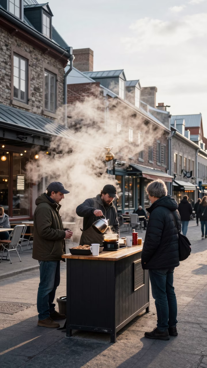 Early Morning Quebec City Street Scene with Steam and Local Commerce in in Quebec City, Quebec, Canada