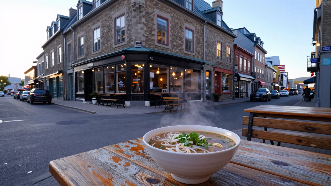 Early Morning Quebec City Street Scene with Steaming Bowl of Pho and Local Atmosphere in in Quebec City, Quebec, Canada