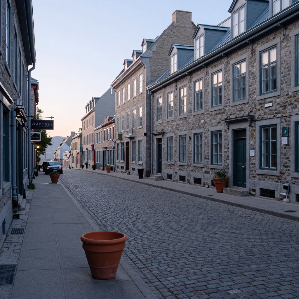 Early Morning Quebec City Street Scene with Terracotta Pot and Local Life in in Quebec City, Quebec, Canada