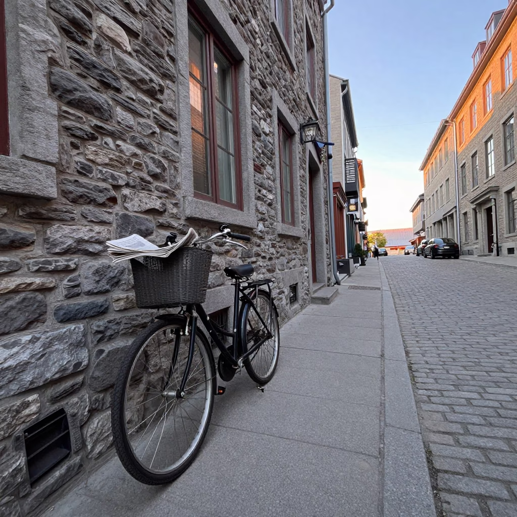 Early Morning Quebec City Street Scene with Vintage Bicycle and Cobblestone Architecture in in Quebec City, Quebec, Canada