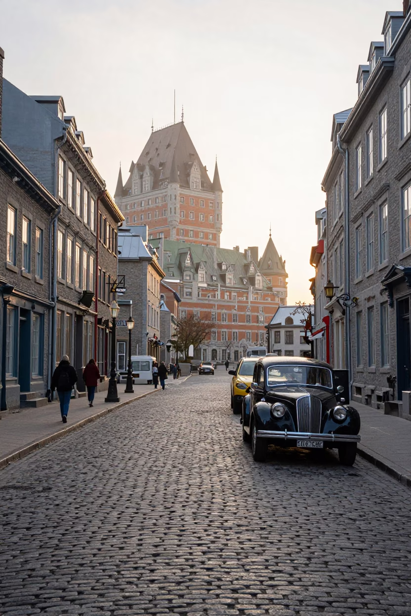 Early Morning Quebec City Street Scene with Vintage Car and Local Pedestrians in in Quebec City, Quebec, Canada