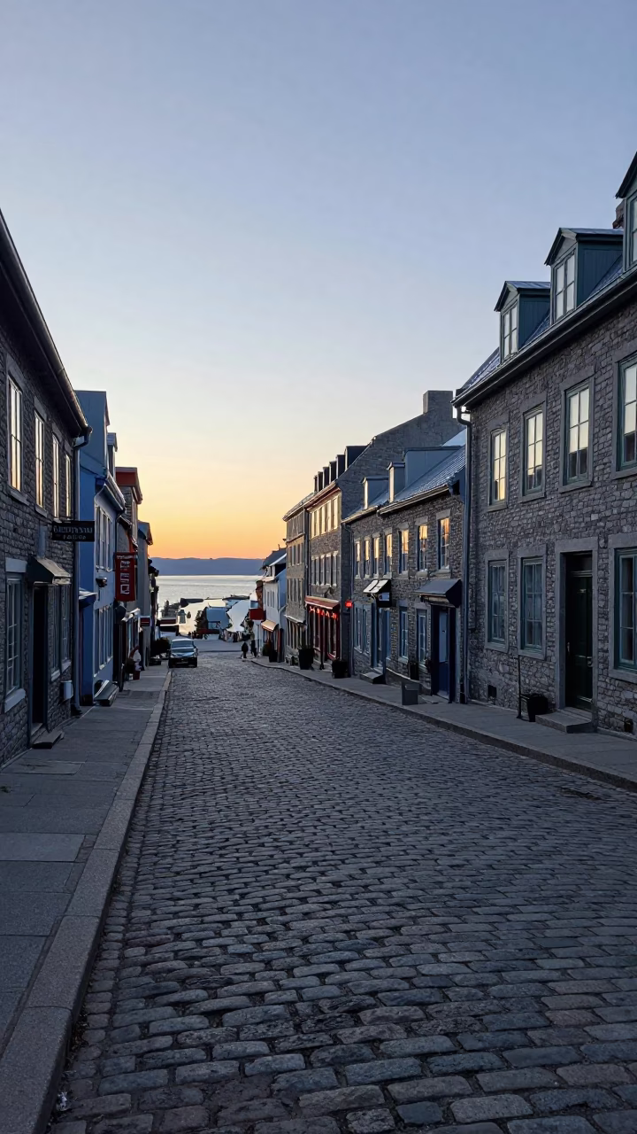 Early Morning Quebec City Street Scene with Vintage Items Before Sunrise in in Quebec City, Quebec, Canada
