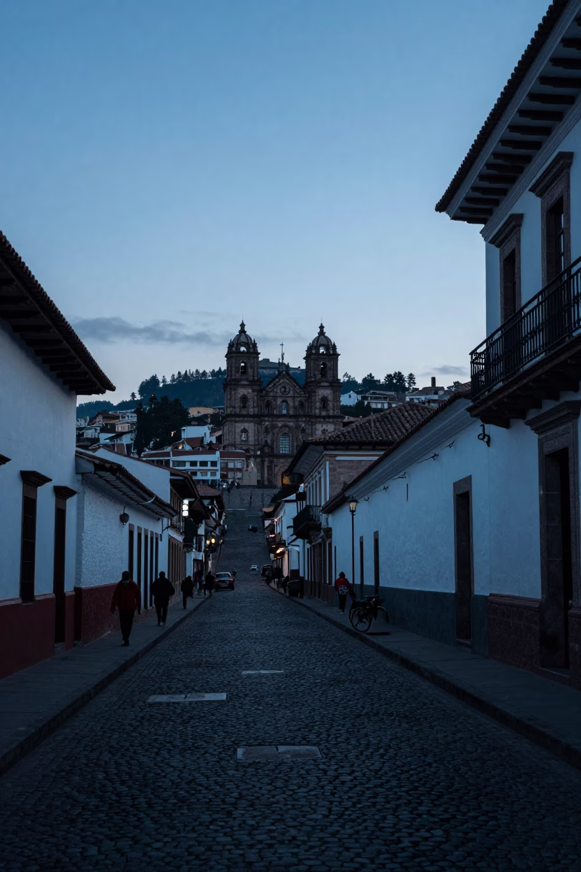 Early Morning Quito Ecuador Street Scene Before Dawn with Local Activity in in Quito, Ecuador