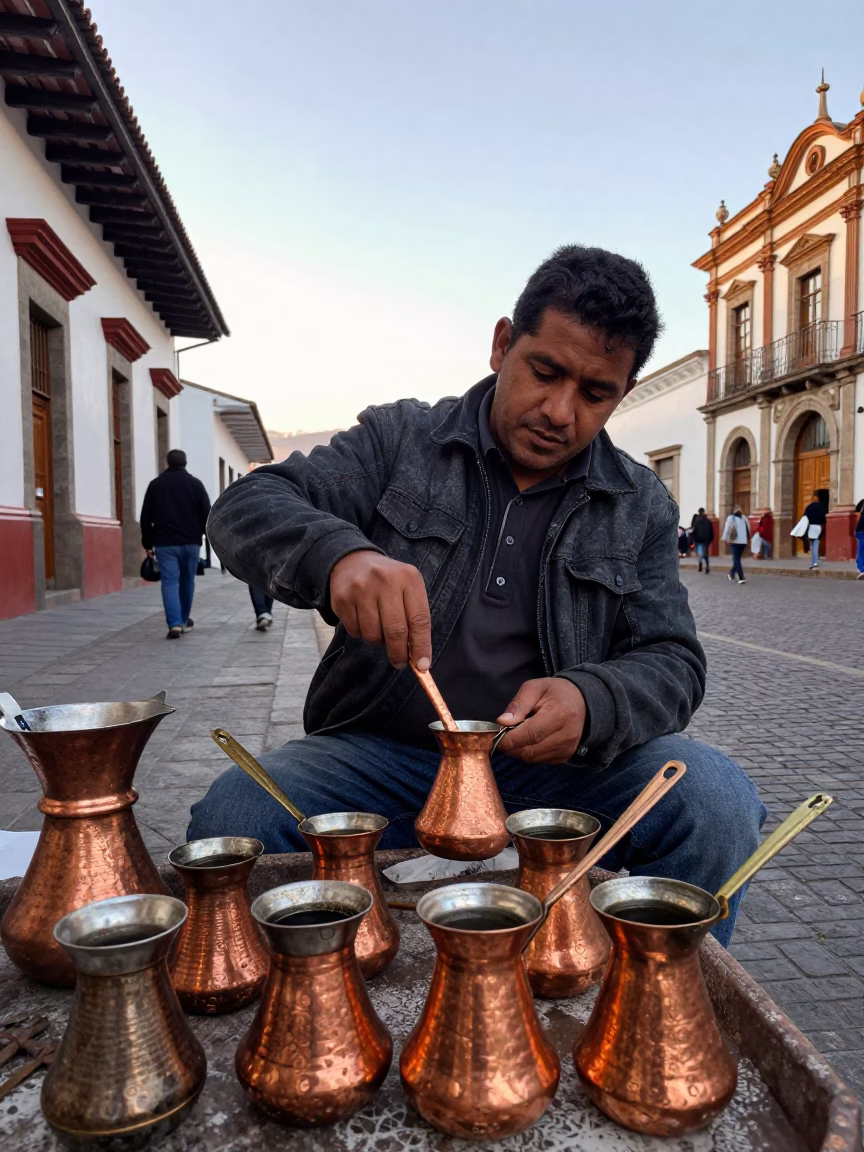 Early Morning Quito Ecuador Street Scene with Copper Cezve and Local Commerce in in Quito, Ecuador