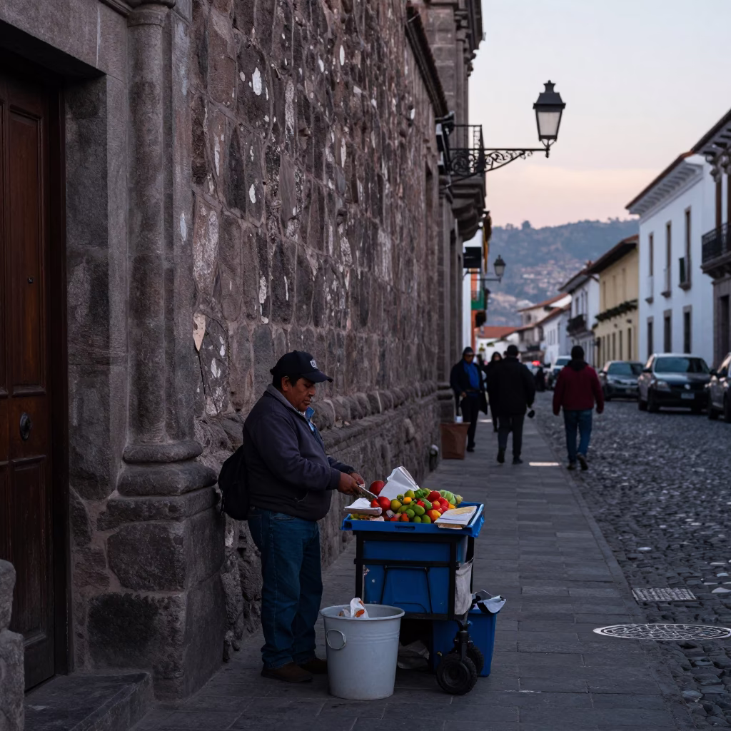 Early Morning Quito Ecuador Street Scene with Local Vendor and Traditional Market Elements in in Quito, Ecuador
