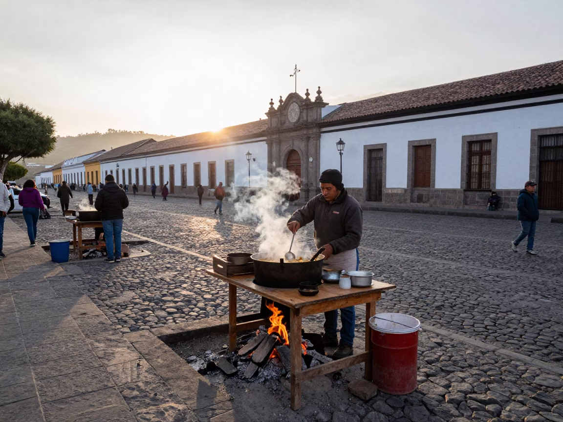Early Morning Quito Ecuador Street Scene with Sunlight and Local Activity in in Quito, Ecuador
