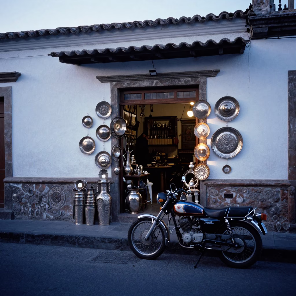 Early Morning Quito Ecuador Street Scene with Vintage Motorcycle and Hammered Metal Shop in in Quito, Ecuador