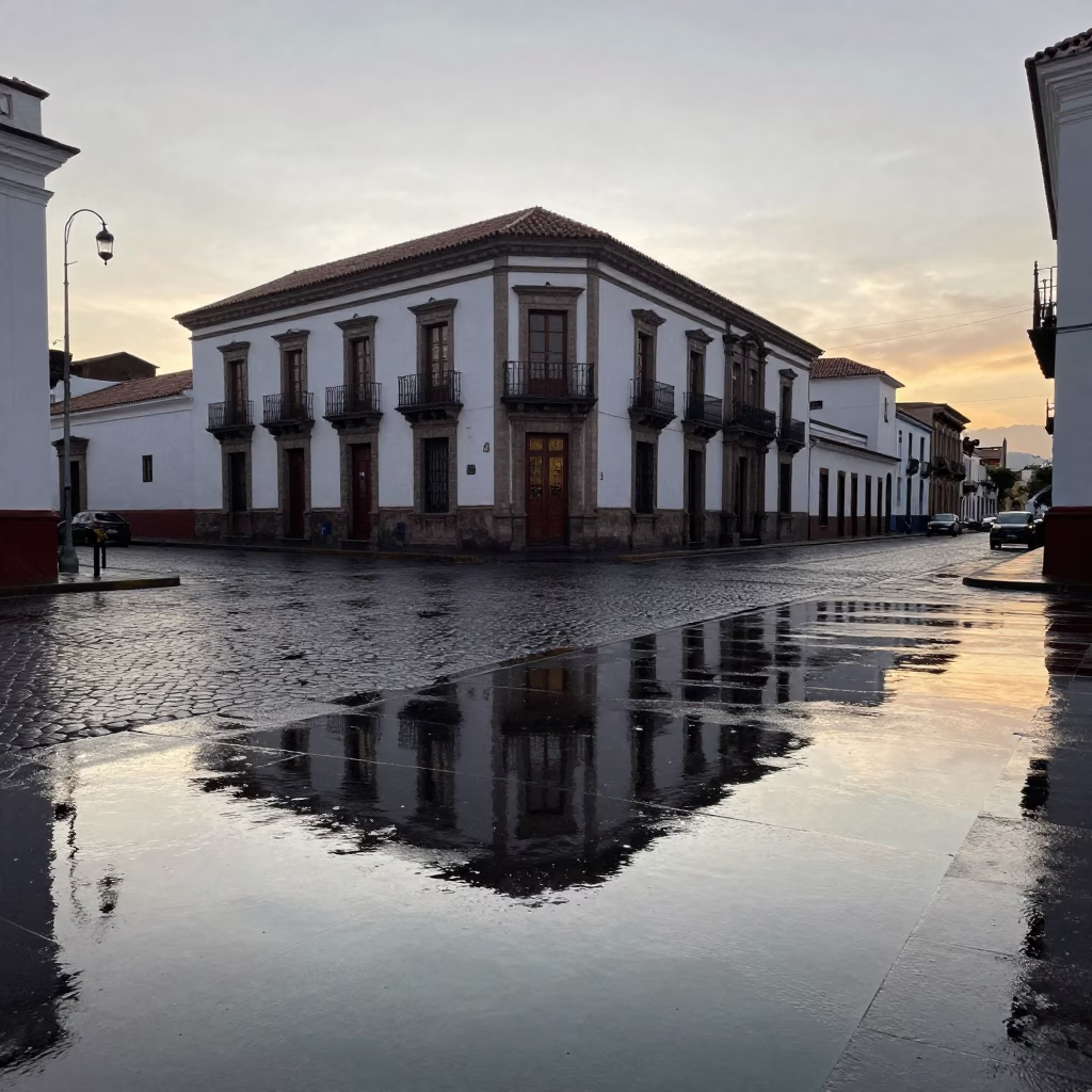 Early Morning Quito Ecuador Street Scene with Wet Pavement Reflections and Colonial Architecture in in Quito, Ecuador