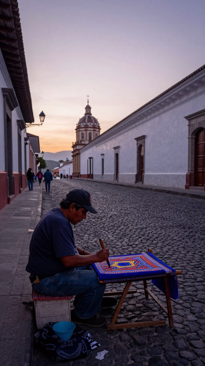 Early Morning Quito Street Scene with Batik Artist Applying Wax Near Colonial Architecture in in Quito, Ecuador