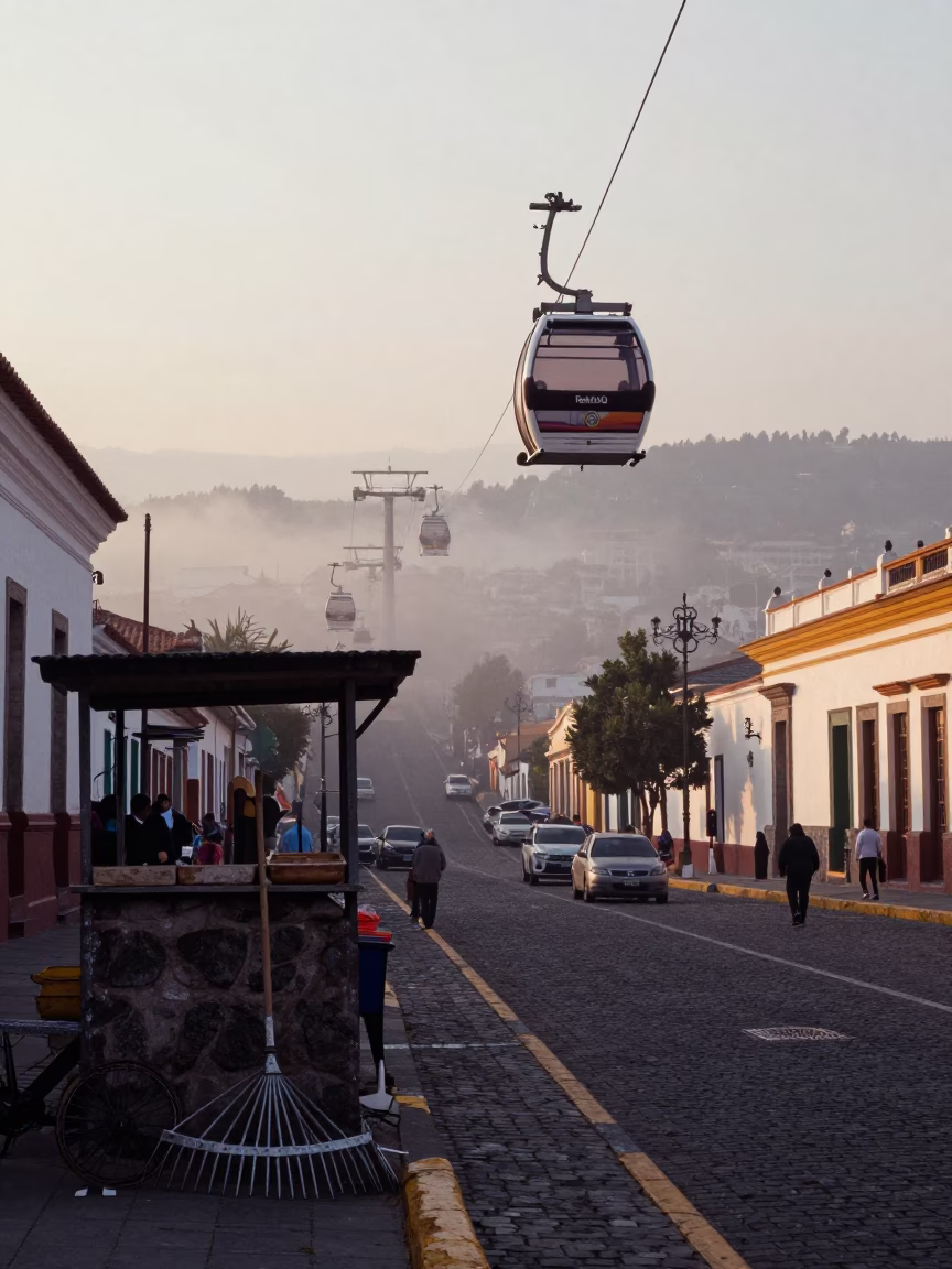 Early Morning Quito Street Scene with Gondola Lift and Urban Details in in Quito, Ecuador