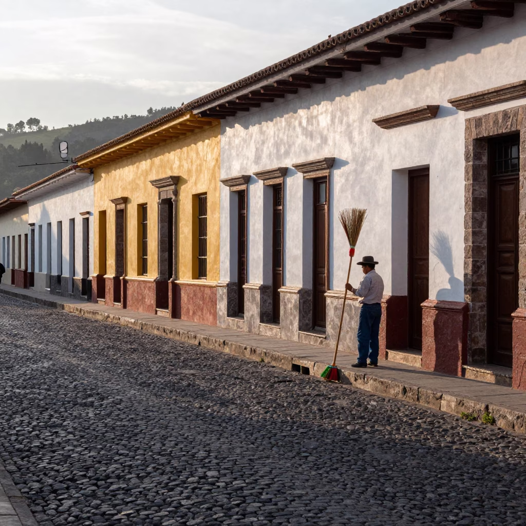 Early Morning Quito Street Scene with Hand Broom and Colonial Architecture in in Quito, Ecuador