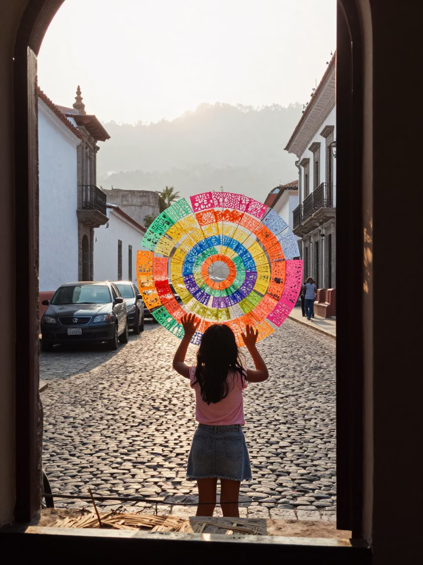 Early Morning Quito Street Scene with Handmade Tissue Paper Suns in Preschool Window in in Quito, Ecuador