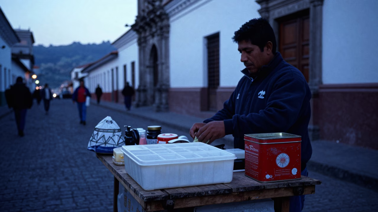 Early Morning Quito Street Scene with Soap Case and Biscuit Tin on Wooden Stall in in Quito, Ecuador