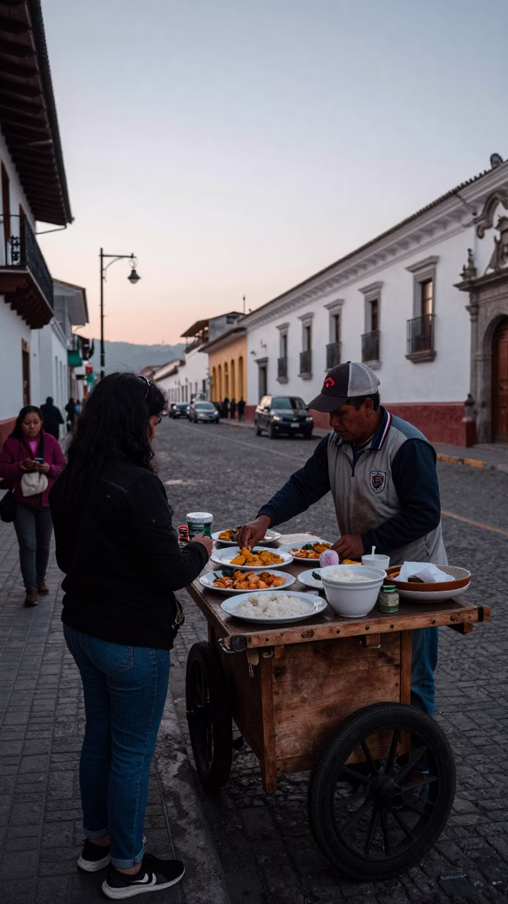 Early Morning Quito Street Scene with Traditional Aji de Gallina Breakfast in in Quito, Ecuador