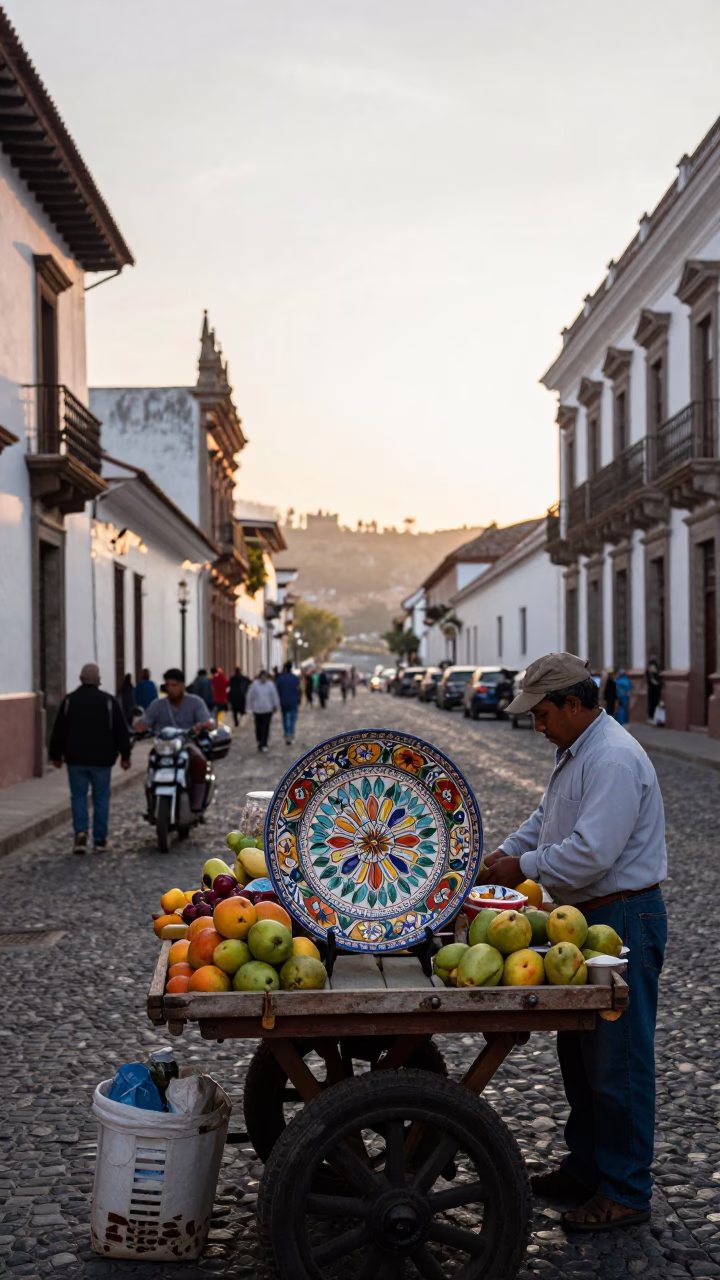 Early Morning Quito Street Scene with Vintage Majolica Plate and Wash Basin in in Quito, Ecuador