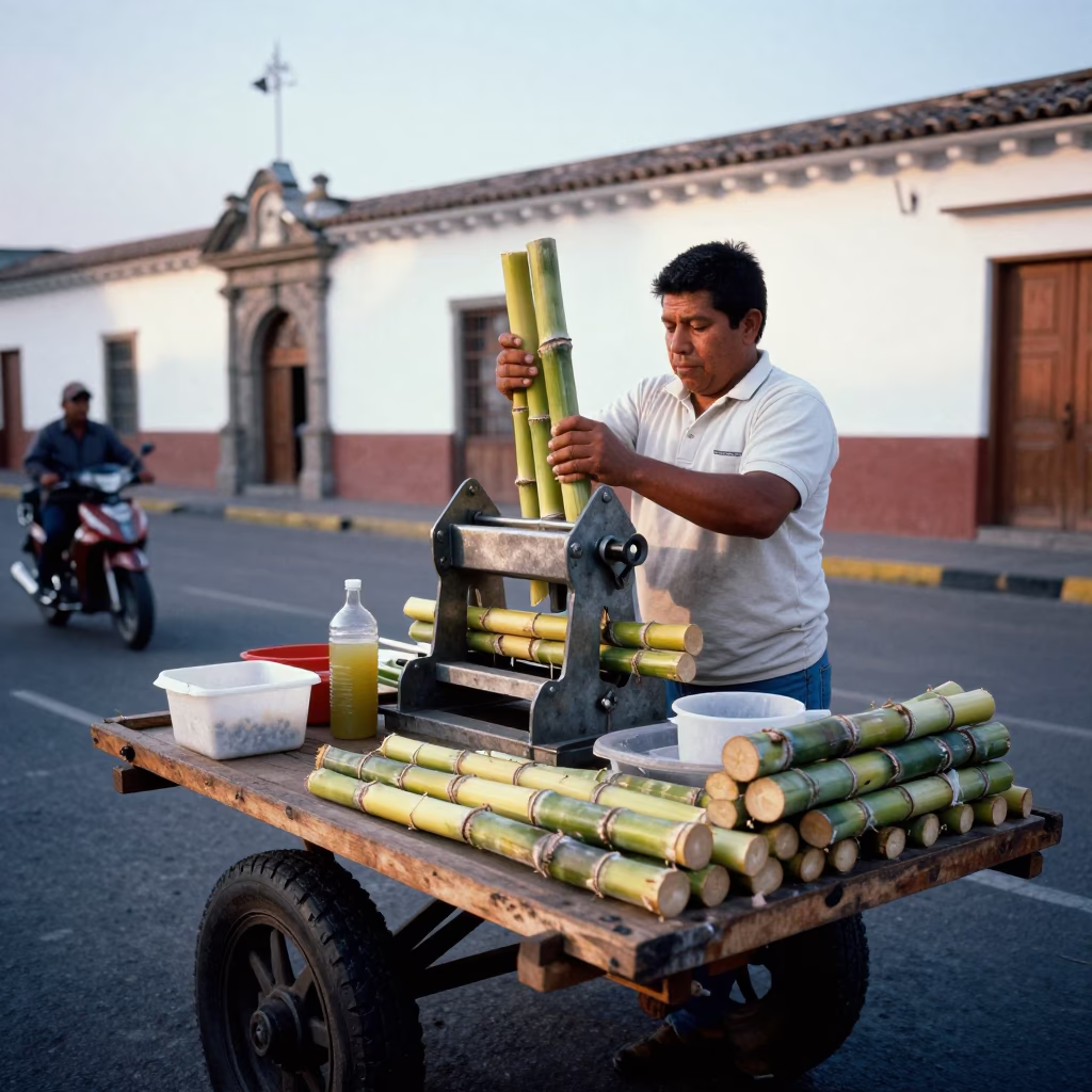 Early Morning Quito Street Vendor Selling Fresh Sugarcane Juice in Ecuador in in Quito, Ecuador
