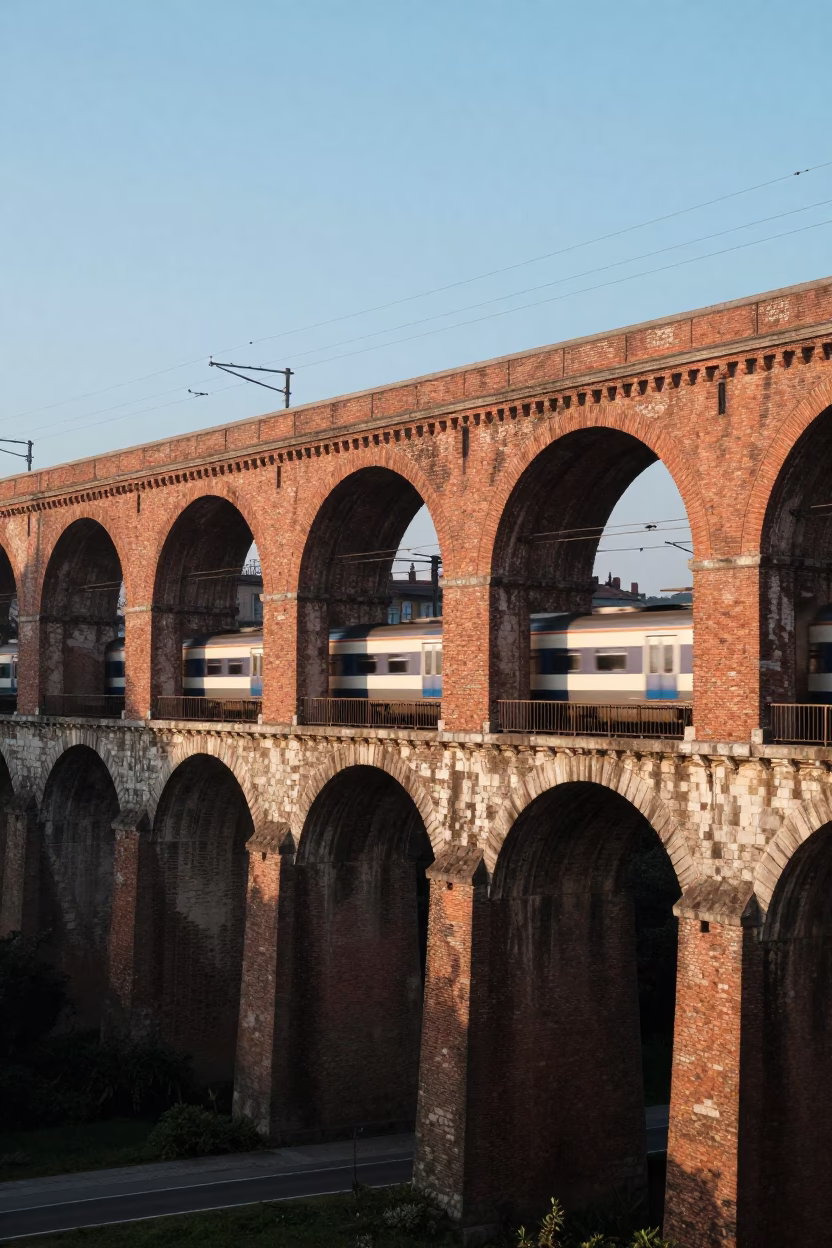 Early Morning Railway Viaduct and Arches in Milan Italy with Passing Train at Sunrise in in Milan, Italy
