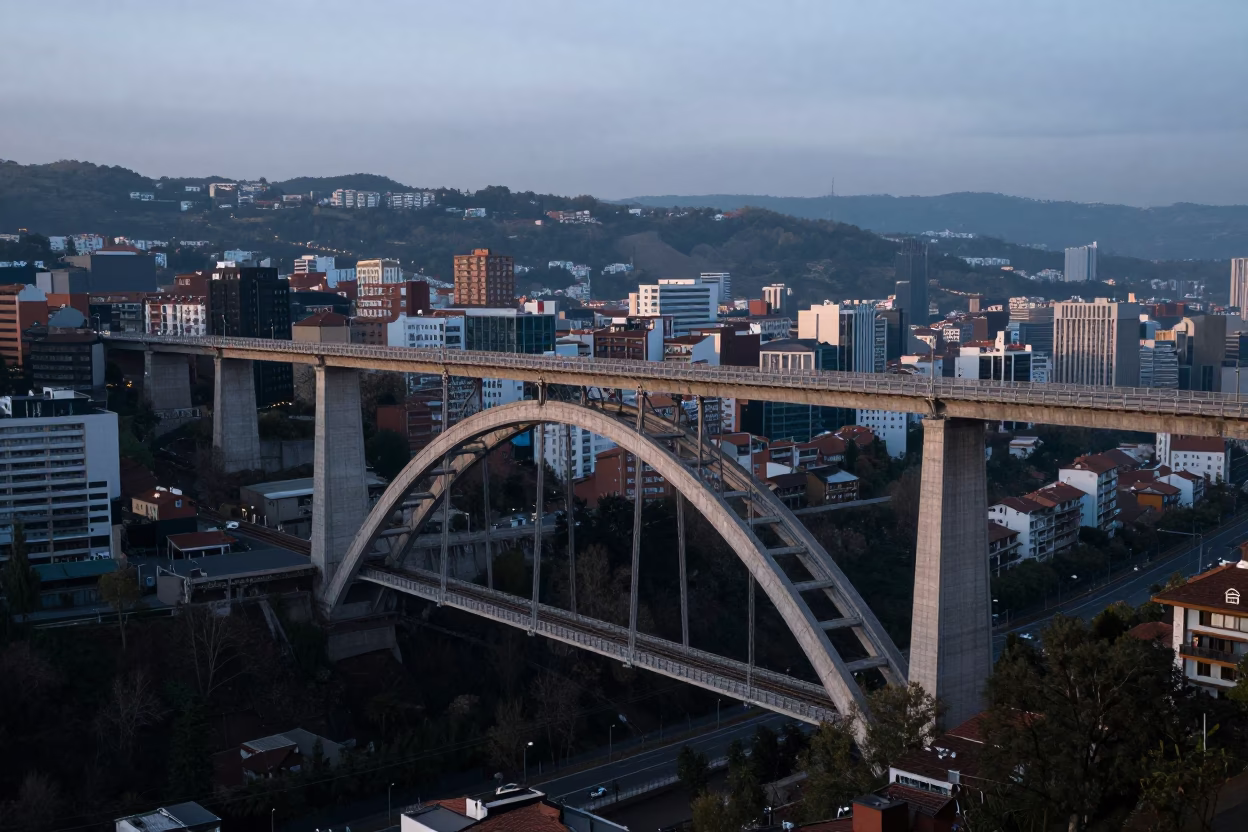 Early Morning Railway Viaduct Arch Over Bilbao Cityscape Before Sunrise in in Bilbao, Spain