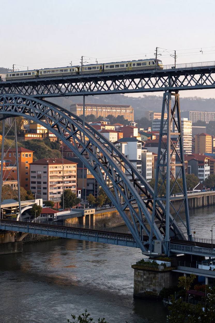 Early Morning Railway Viaduct in Bilbao with Passing Train and City Skyline in in Bilbao, Spain