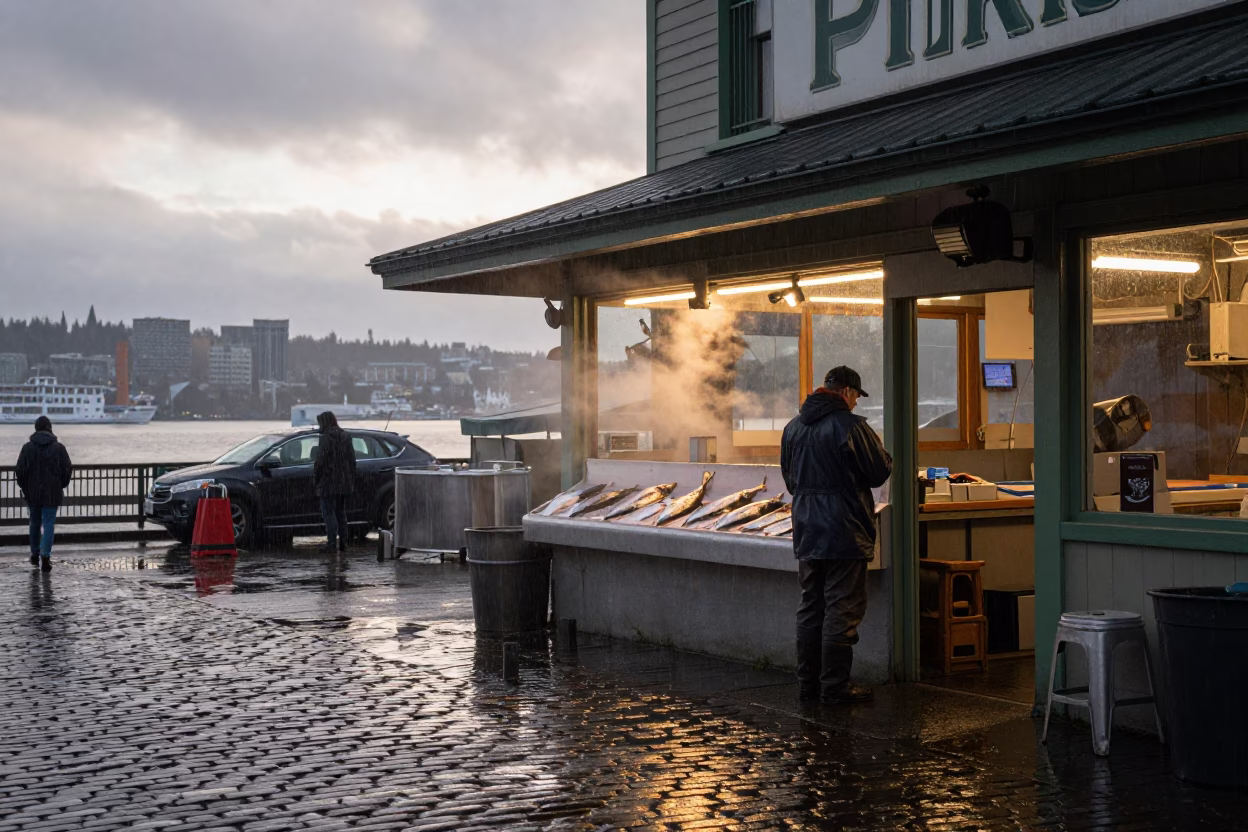 Early Morning Rain and Coffee Steam on Seattle Pike Place Market Steps in in Seattle, Washington, United States