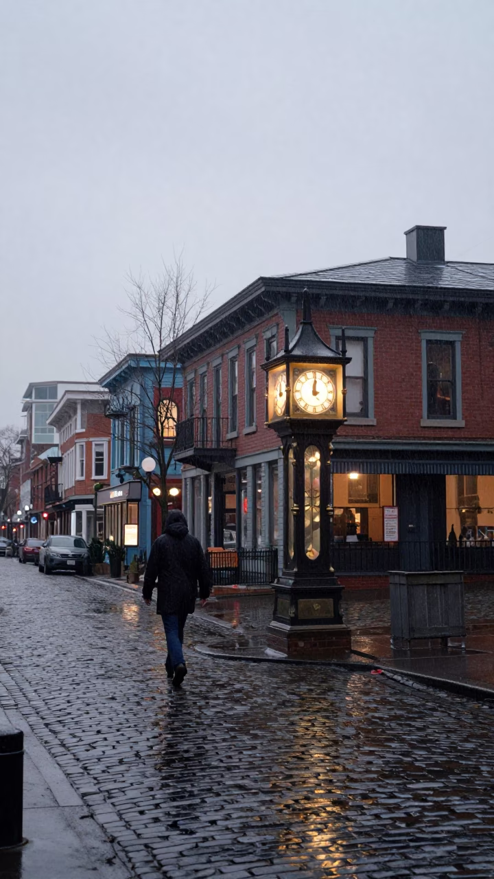Early Morning Rain on Gastown Cobblestones Near Steam Clock with Umbrella in in Vancouver, British Columbia, Canada