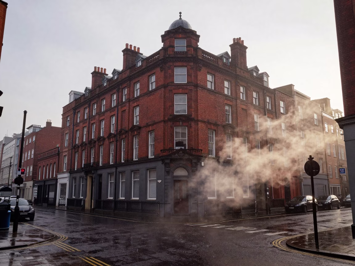 Early Morning Rain on Liverpool Street Corner with Steam and Urban Life in in Liverpool, United Kingdom