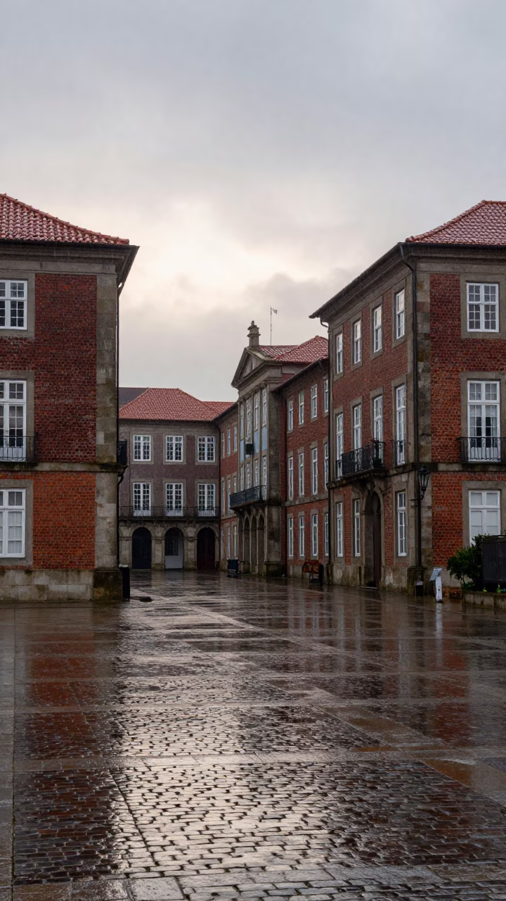 Early Morning Rain on Porto Campus Quad Between Brick Buildings in in Porto, Portugal
