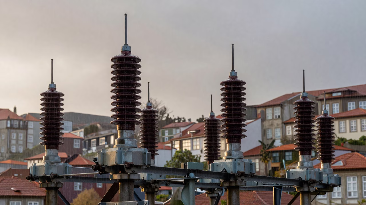 Early Morning Rain on Porto Substation Insulators and Wet Cobblestones in in Porto, Portugal
