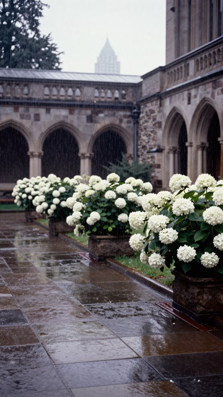 Early Morning Rain on Seattle University Cloister Wet Flagstones with Hydrangeas in in Seattle, Washington, United States